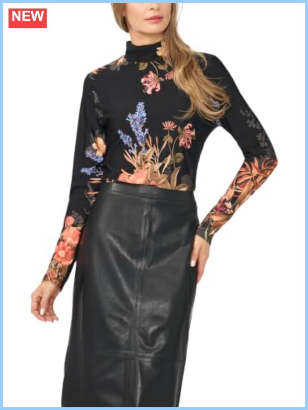 Mock Neck Long Sleeve Knit Top Floral Pattern Pull On
